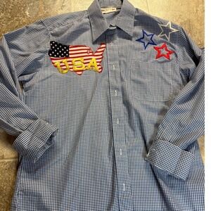 Shane Lee Inc USA Map Flag Stars Gingham Button Down Shirt Small Made in USA